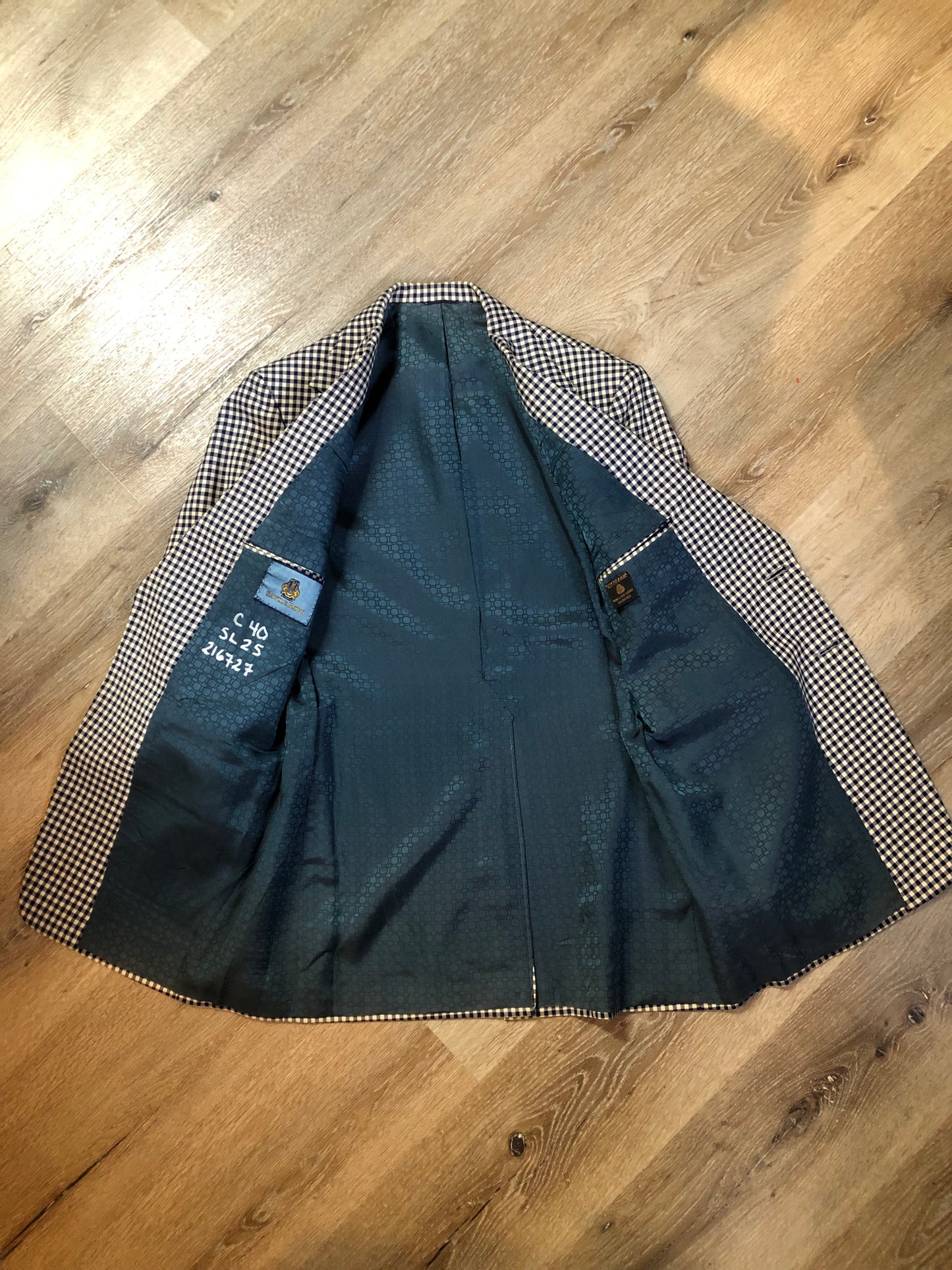 Vintage Saville Row two piece suit in navy and white gingham pattern is union made. - Kingspier vintage