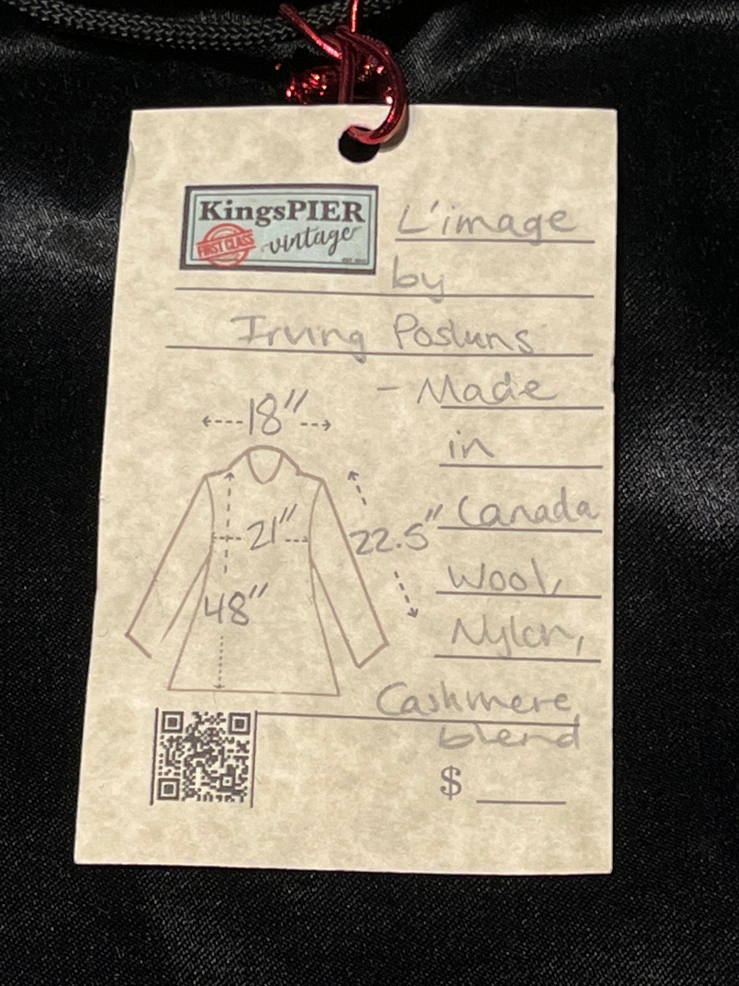 Vintage L’image by Irving Posluns wool blend (60% wool/ 25% cashmere/ 15% nylon) long black coat with unique button closures and two front pockets.
Union Made in Canada
Chest 42”