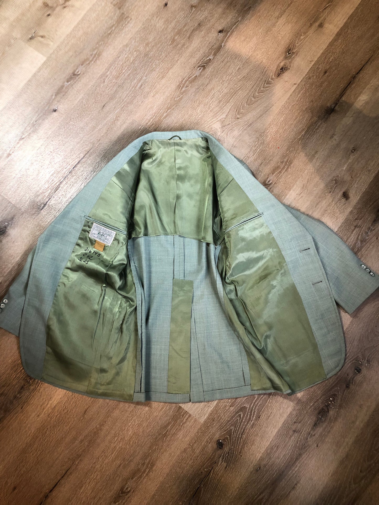 Vintage Rofihe's three piece mint green polyester and wool blend suit. Circa 1960s/ 70s. Union made in Canada.- Kingspier Vintage