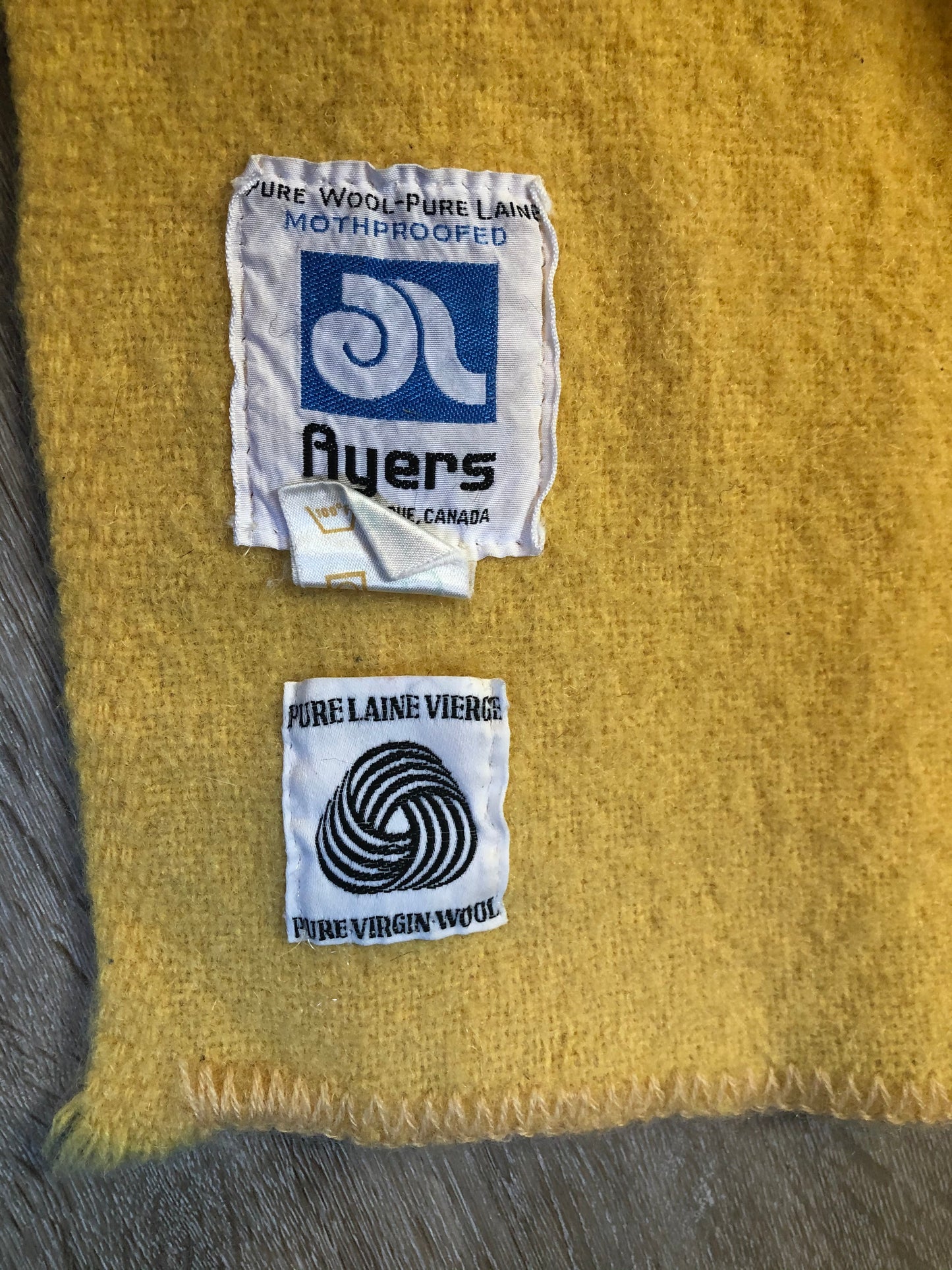 Kingspier Vintage - Vintage Ayer’s 100% wool lap blanket in yellow. Made in Canada