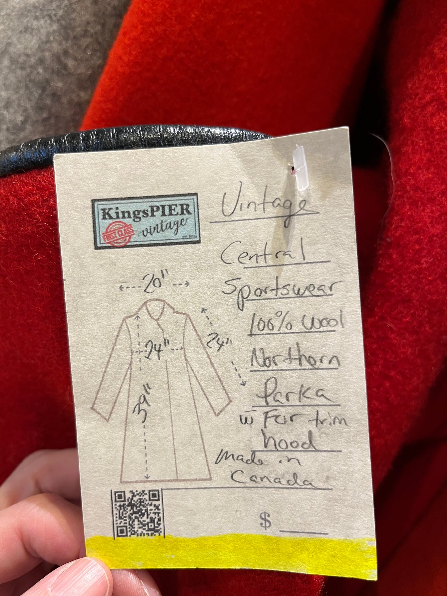 Vintage Central Sportswear Co. red 100% pure virgin wool northern parka with zipper closure, handwarmer pockets, quilted lining, fur trimmed hood and embroidered northern life motif.
Made in Canada
Size 12