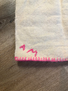 Kingspier Vintage - Handmade lightweight wool lap blanket with hot pink stitching and "AM" monogram stitched on one corner.