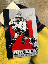 Load image into Gallery viewer, Kingspier Vintage - Vintage deadstock comfort hockey leather mitts in yellow with blue and red striped knit cuff and wool lining. Size small.
