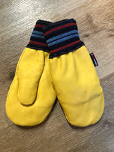 Load image into Gallery viewer, Kingspier Vintage - Vintage deadstock comfort hockey leather mitts in yellow with blue and red striped knit cuff and wool lining. Size small.
