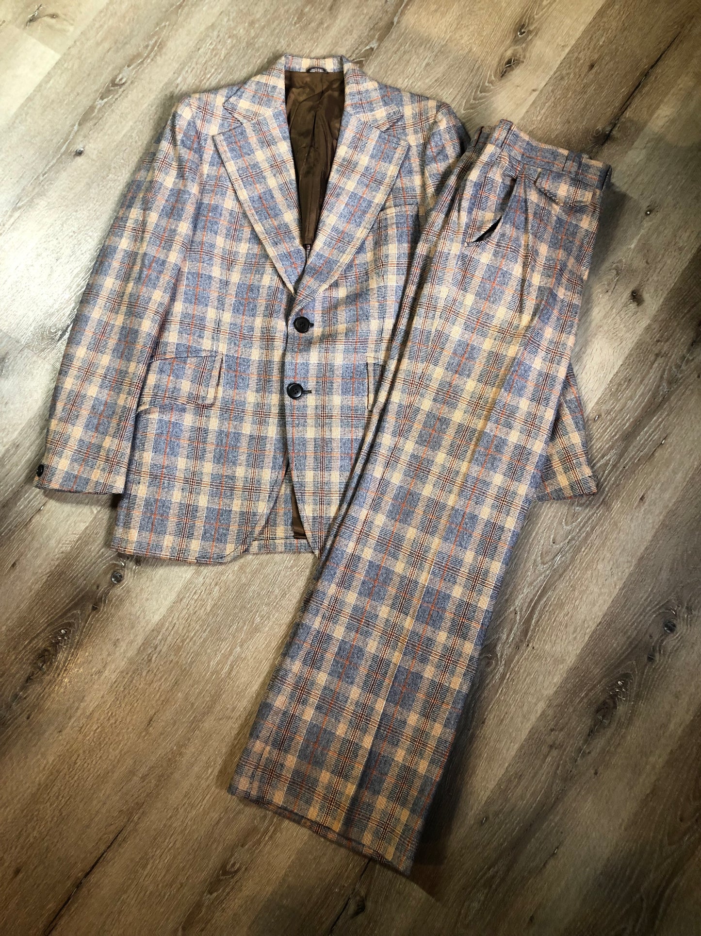 Vintage Henley two piece wool blend suit in orange, navy and white plaid, Circa 1970s. Union made in Canada.