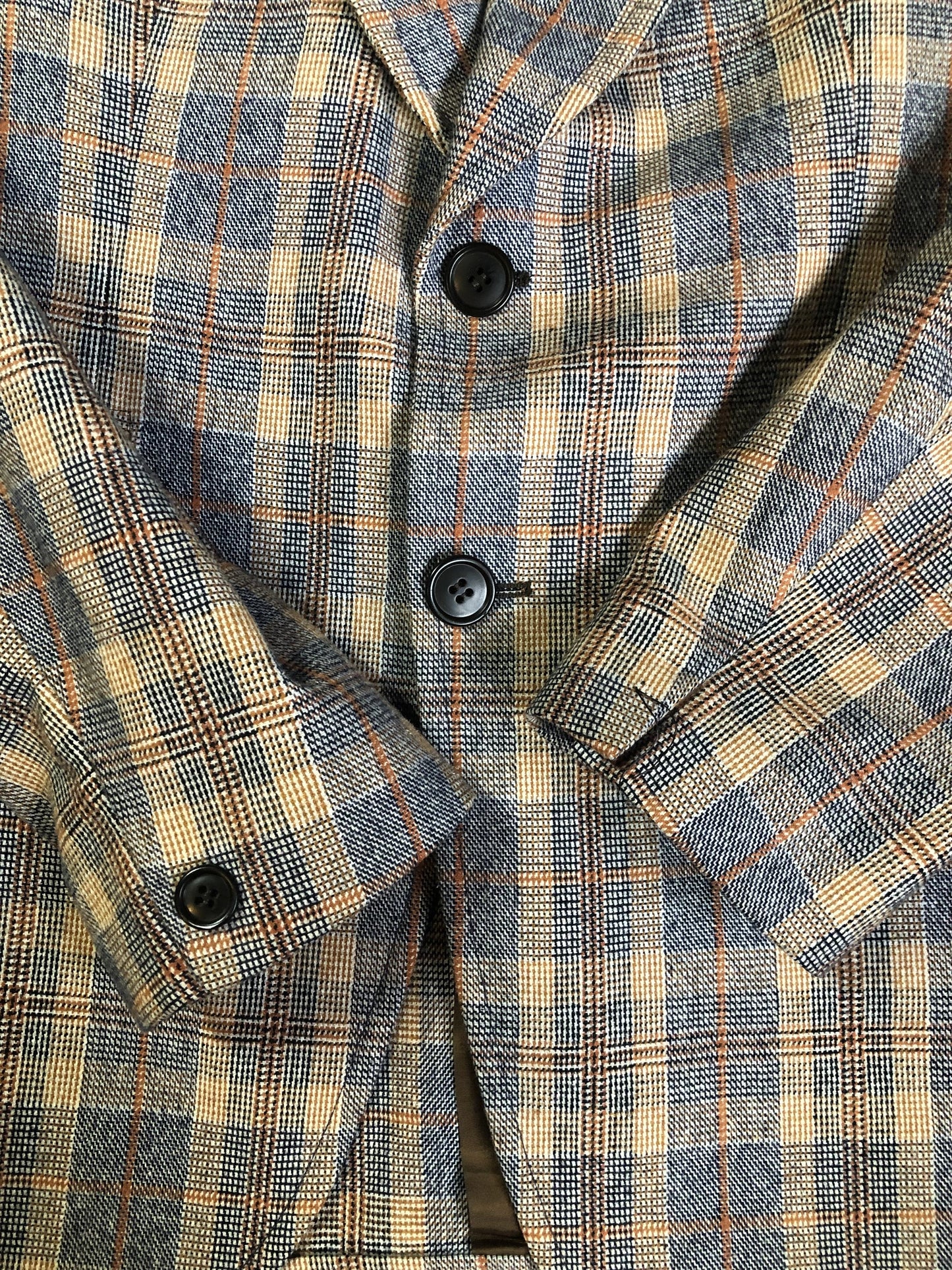 Vintage Henley two piece wool blend suit in orange, navy and white plaid, Circa 1970s. Union made in Canada.