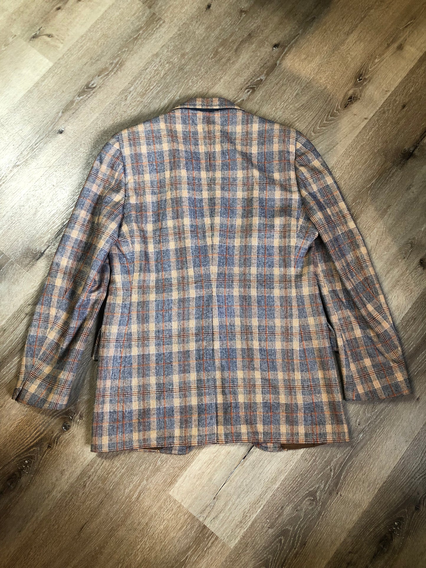 Vintage Henley two piece wool blend suit in orange, navy and white plaid, Circa 1970s. Union made in Canada.