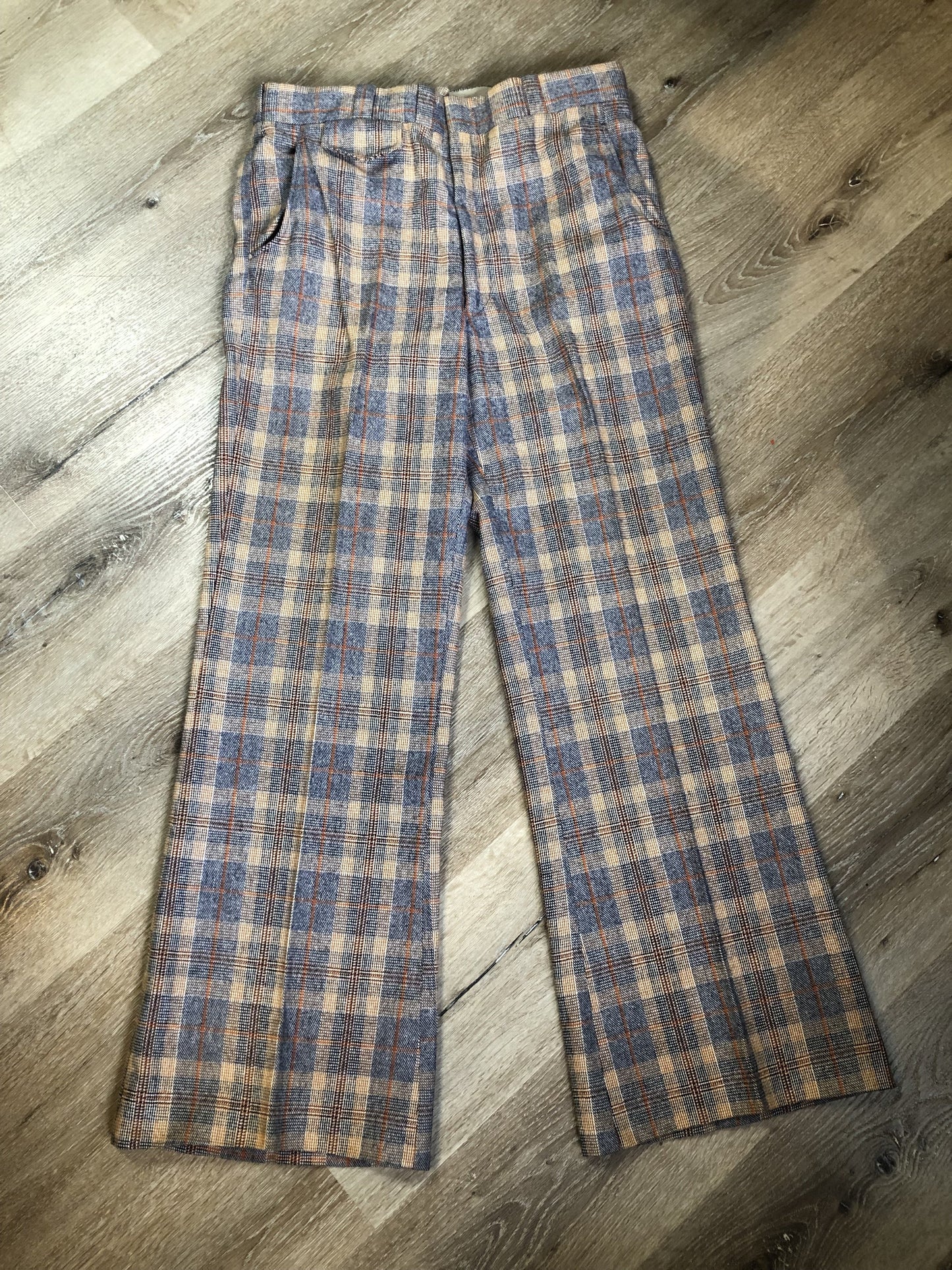 Vintage Henley two piece wool blend suit in orange, navy and white plaid, Circa 1970s. Union made in Canada. - Kingspier Vintage