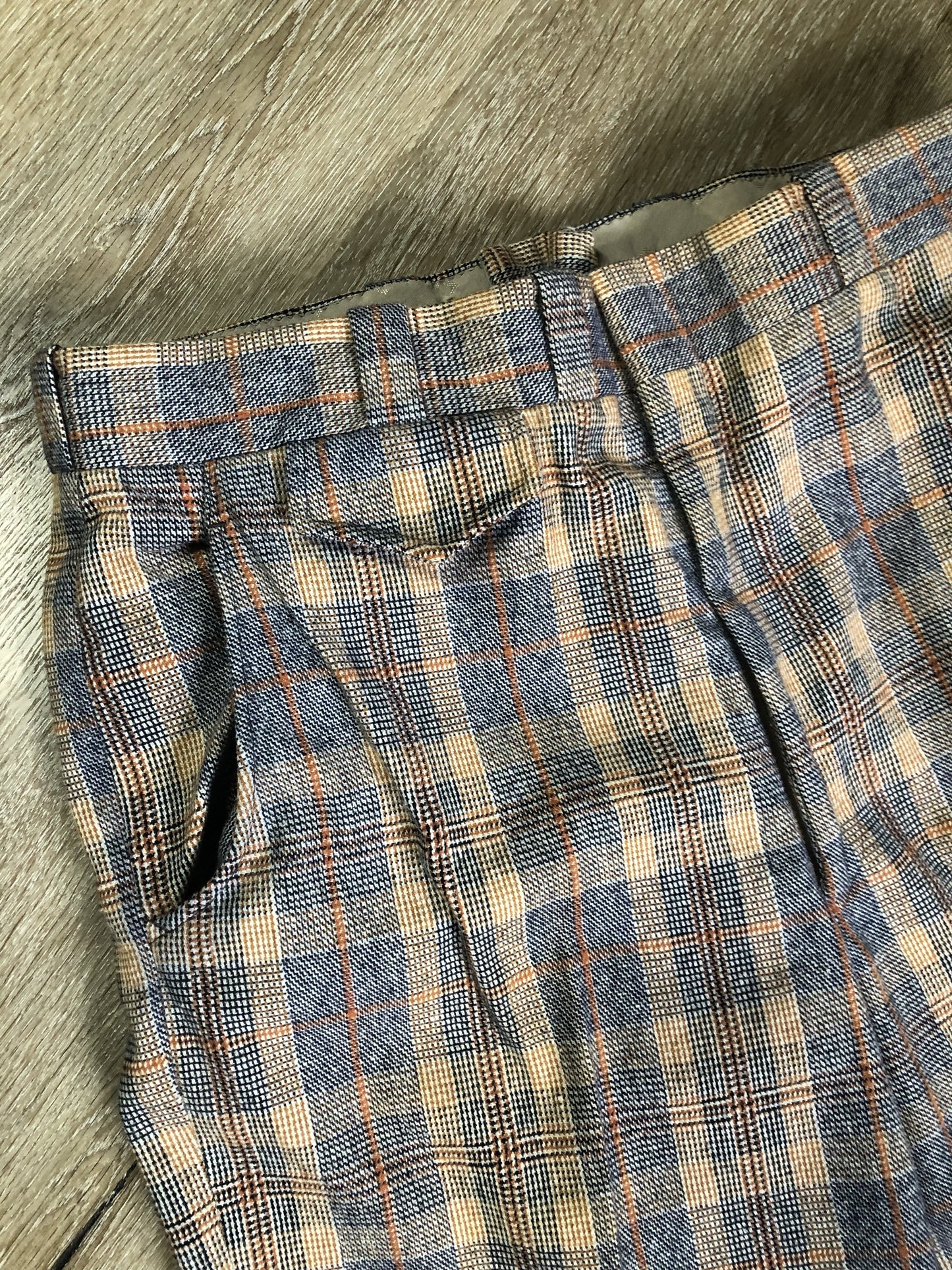 Vintage Henley two piece wool blend suit in orange, navy and white plaid, Circa 1970s. Union made in Canada. - Kingspier Vintage