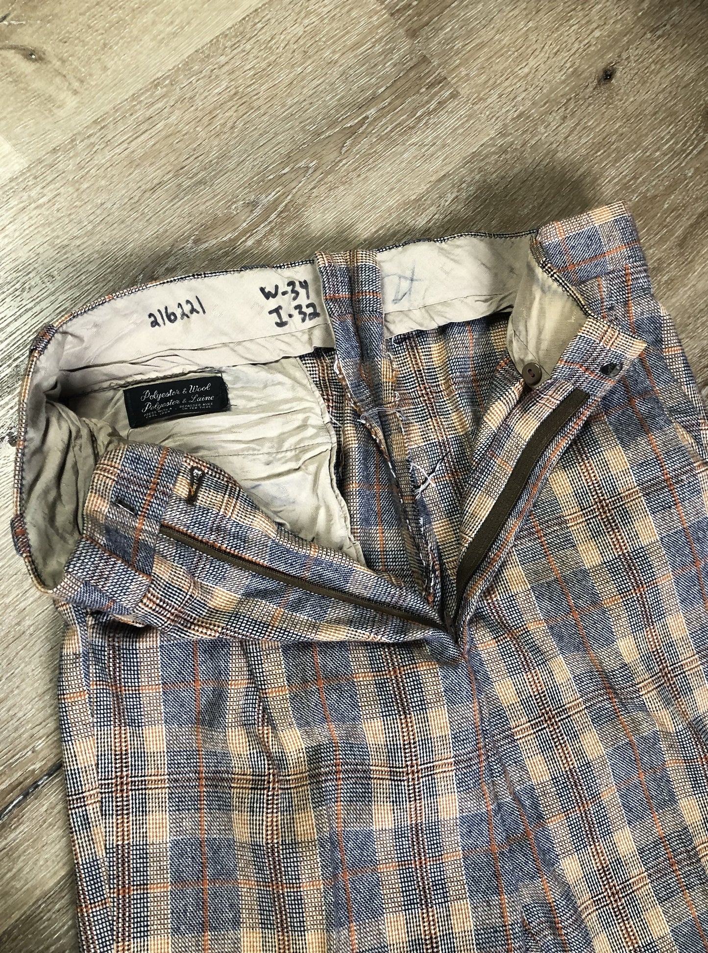 Vintage Henley two piece wool blend suit in orange, navy and white plaid, Circa 1970s. Union made in Canada. - Kingspier Vintage