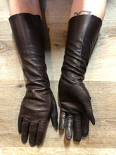 Load image into Gallery viewer, Kingspier Vintage - Dark brown kid leather three-quarter length gloves. Beautiful soft and lightweight leather. Made in France, Size small/ 7.
