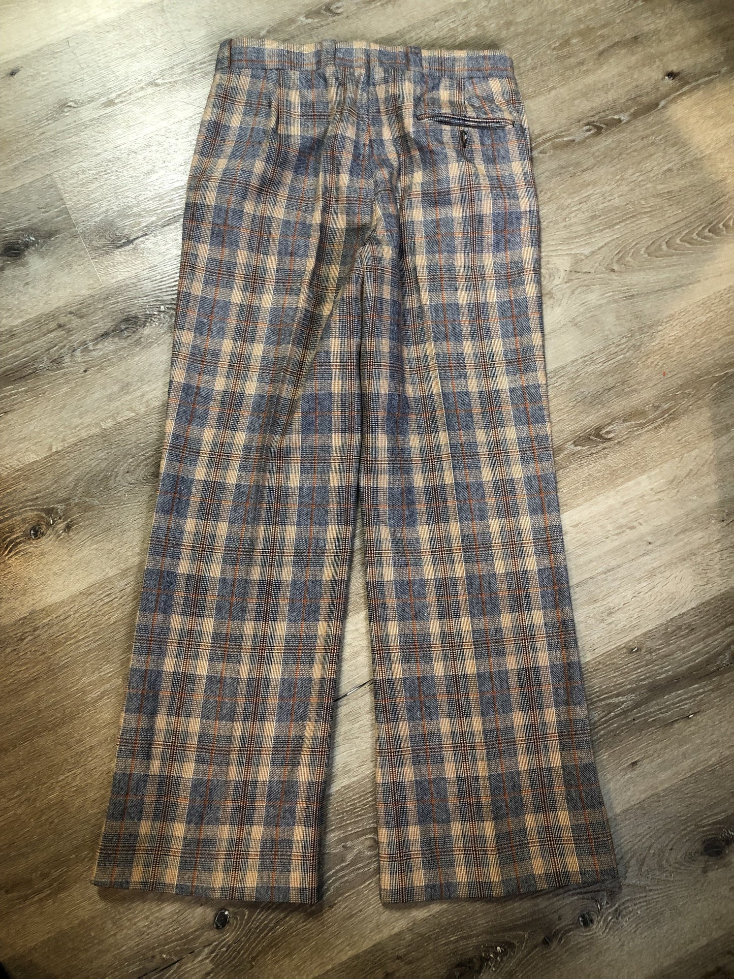 Vintage Henley two piece wool blend suit in orange, navy and white plaid, Circa 1970s. Union made in Canada. - Kingspier Vintage