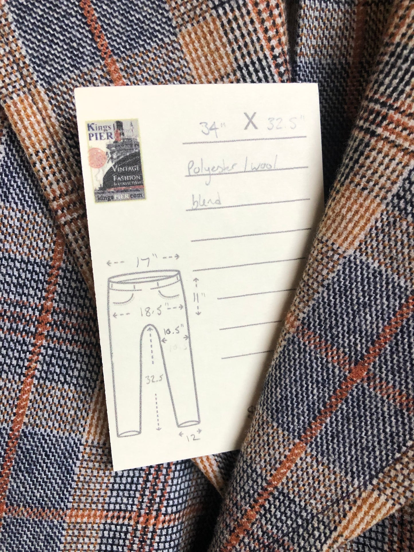Vintage Henley two piece wool blend suit in orange, navy and white plaid, Circa 1970s. Union made in Canada. - Kingspier Vintage