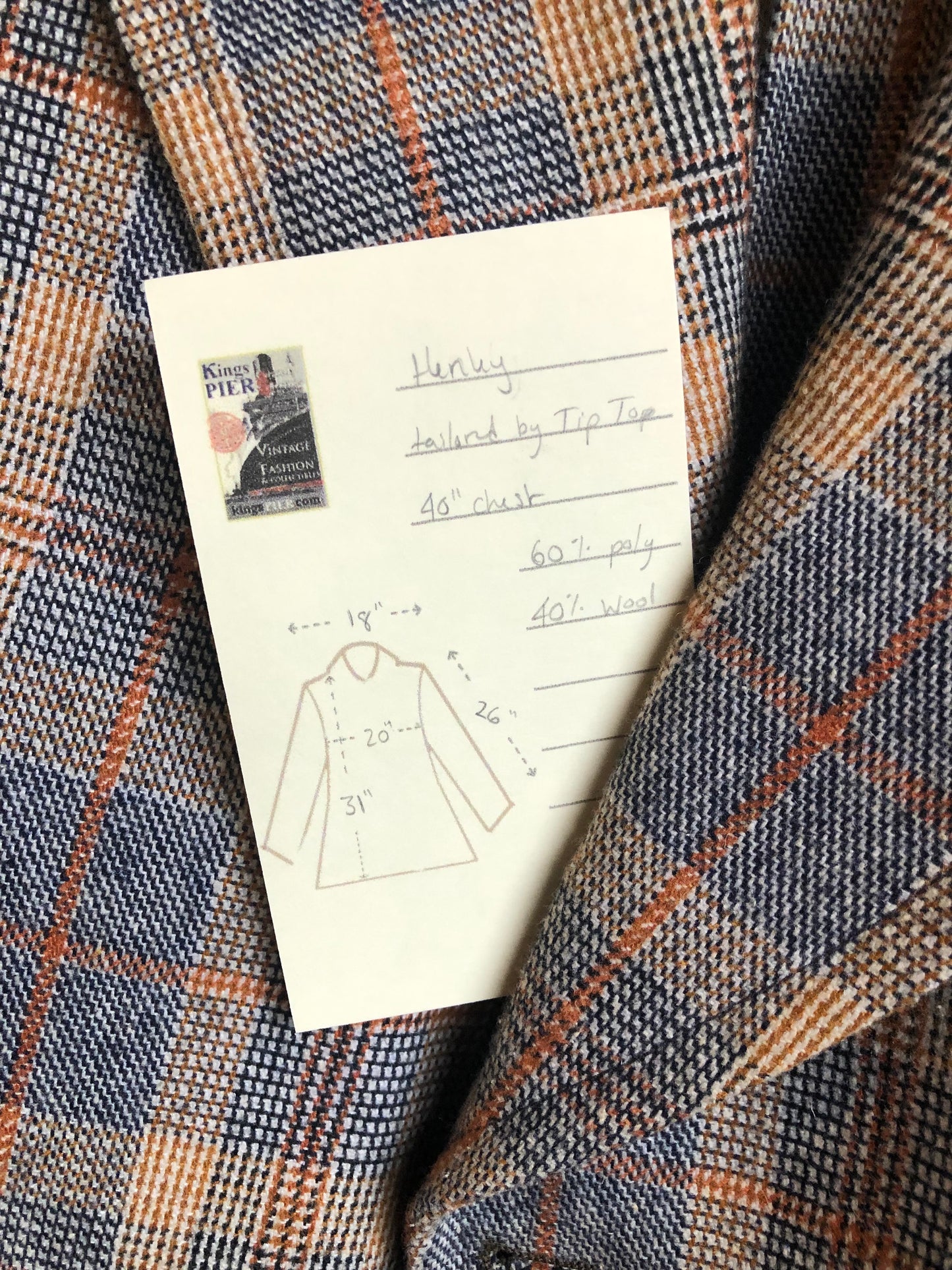 Vintage Henley two piece wool blend suit in orange, navy and white plaid, Circa 1970s. Union made in Canada. - Kingspier Vintage