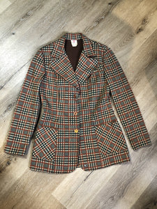 Vintage Mr. Toni 1970s 100% polyester two piece suit in rust, white and green plaid. Union made in Canada - Kingspier Vintage