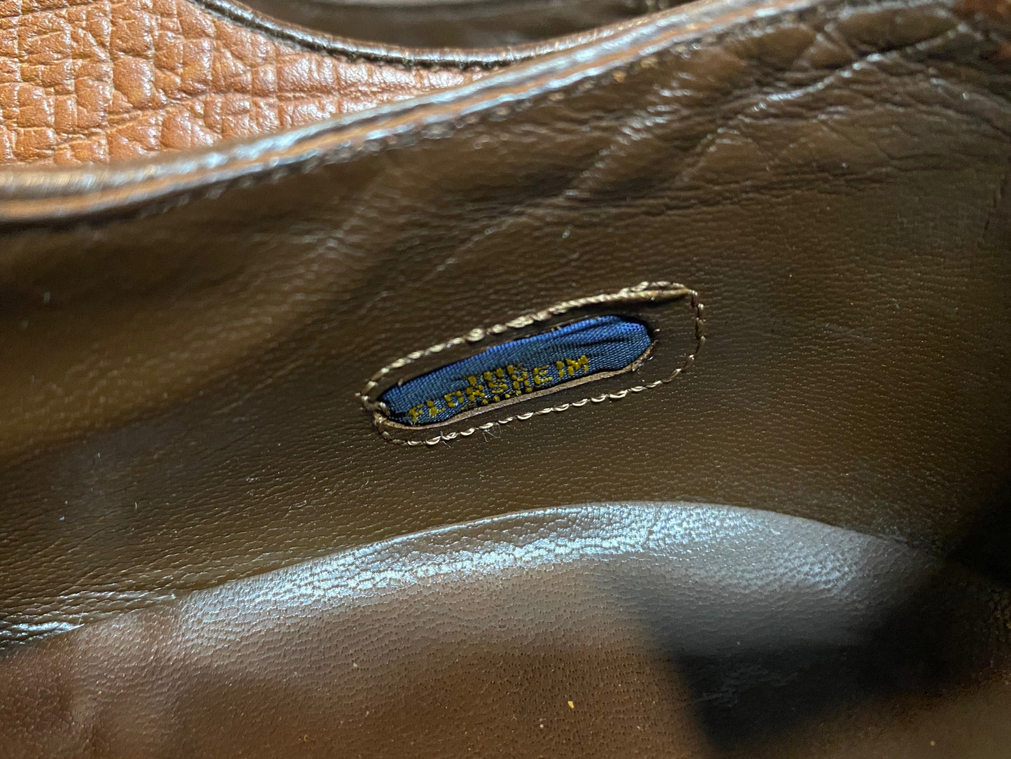 Kingspier Vintage - Brown Full Brogue Wingtip Derbies by The Florsheim Shoe - Sizes: 9M 11W 42EURO, Made in Canada, Large Full Grain Textured Leather, Some Flaking on Right Toe, Leather Soles, Rubber Heels