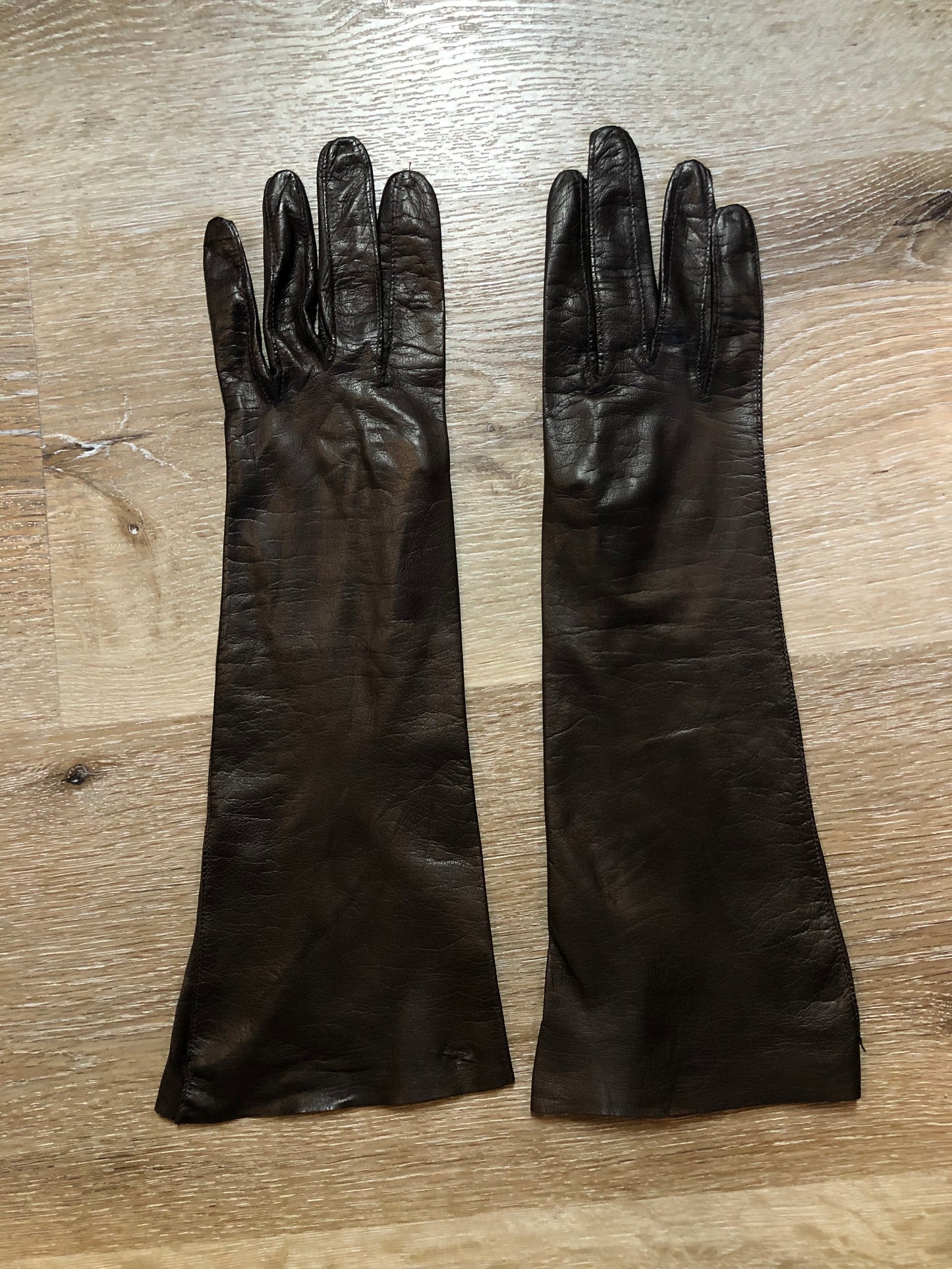 Kingspier Vintage - Dark brown kid leather three-quarter length gloves. Beautiful soft and lightweight leather. Made in France, Size small/ 7.