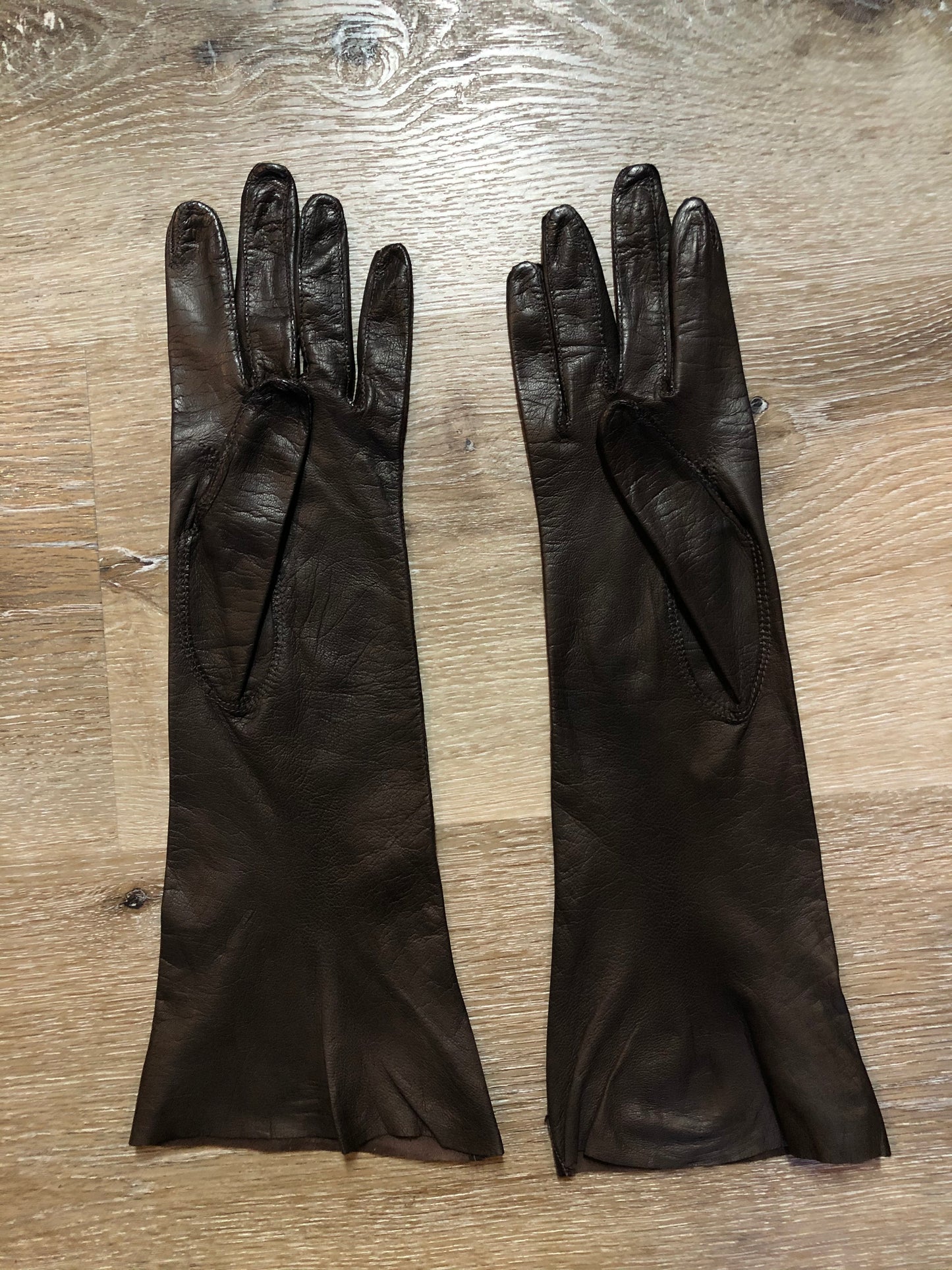 Kingspier Vintage - Dark brown kid leather three-quarter length gloves. Beautiful soft and lightweight leather. Made in France, Size small/ 7.
