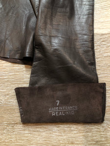 Kingspier Vintage - Dark brown kid leather three-quarter length gloves. Beautiful soft and lightweight leather. Made in France, Size small/ 7.