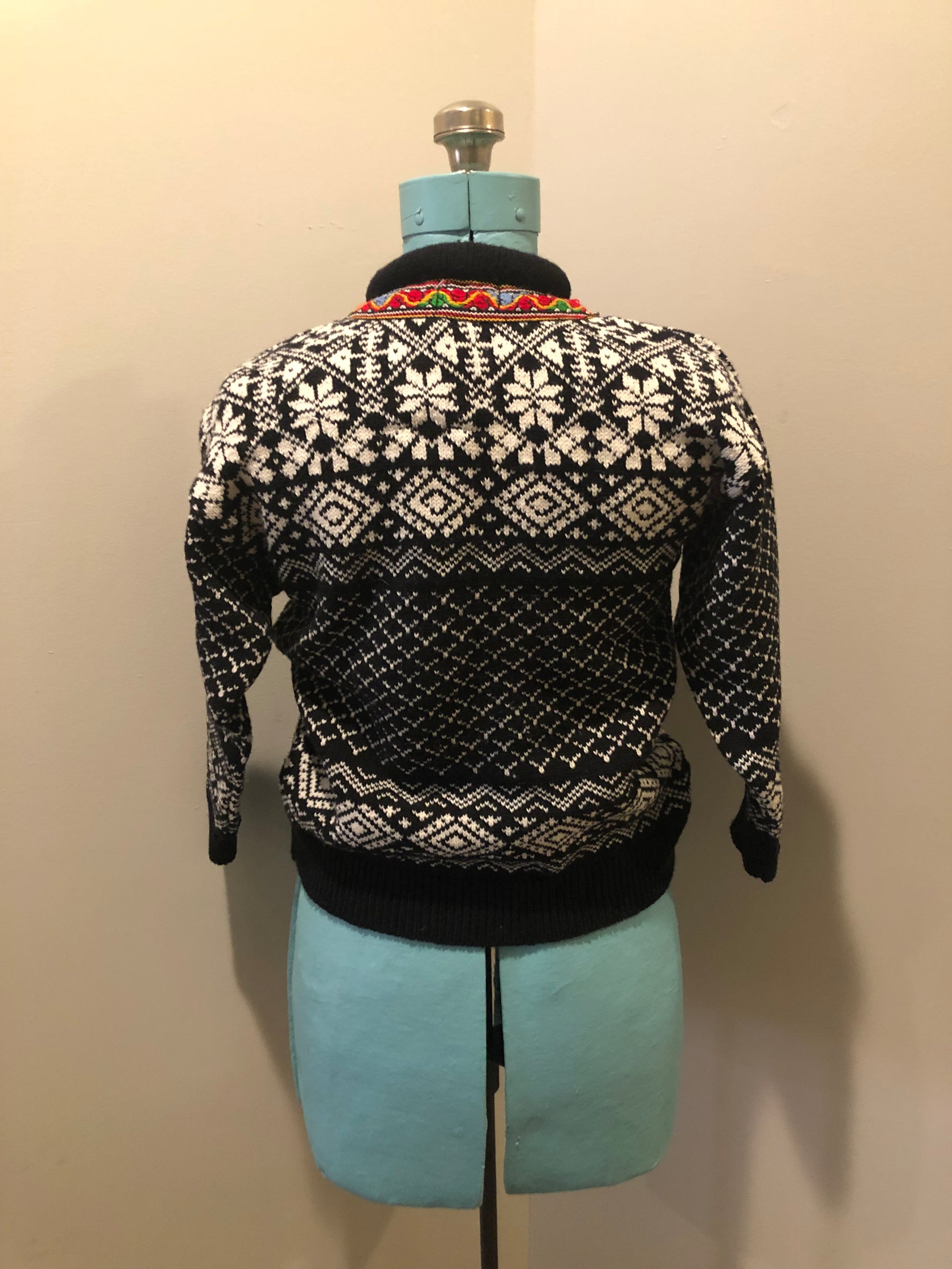 Vintage and Handmade “Made for Norway” 100% wool cardigan in a colourful Norwegian pattern with pewter clasps. Made in Norway - Kingspier Vintage