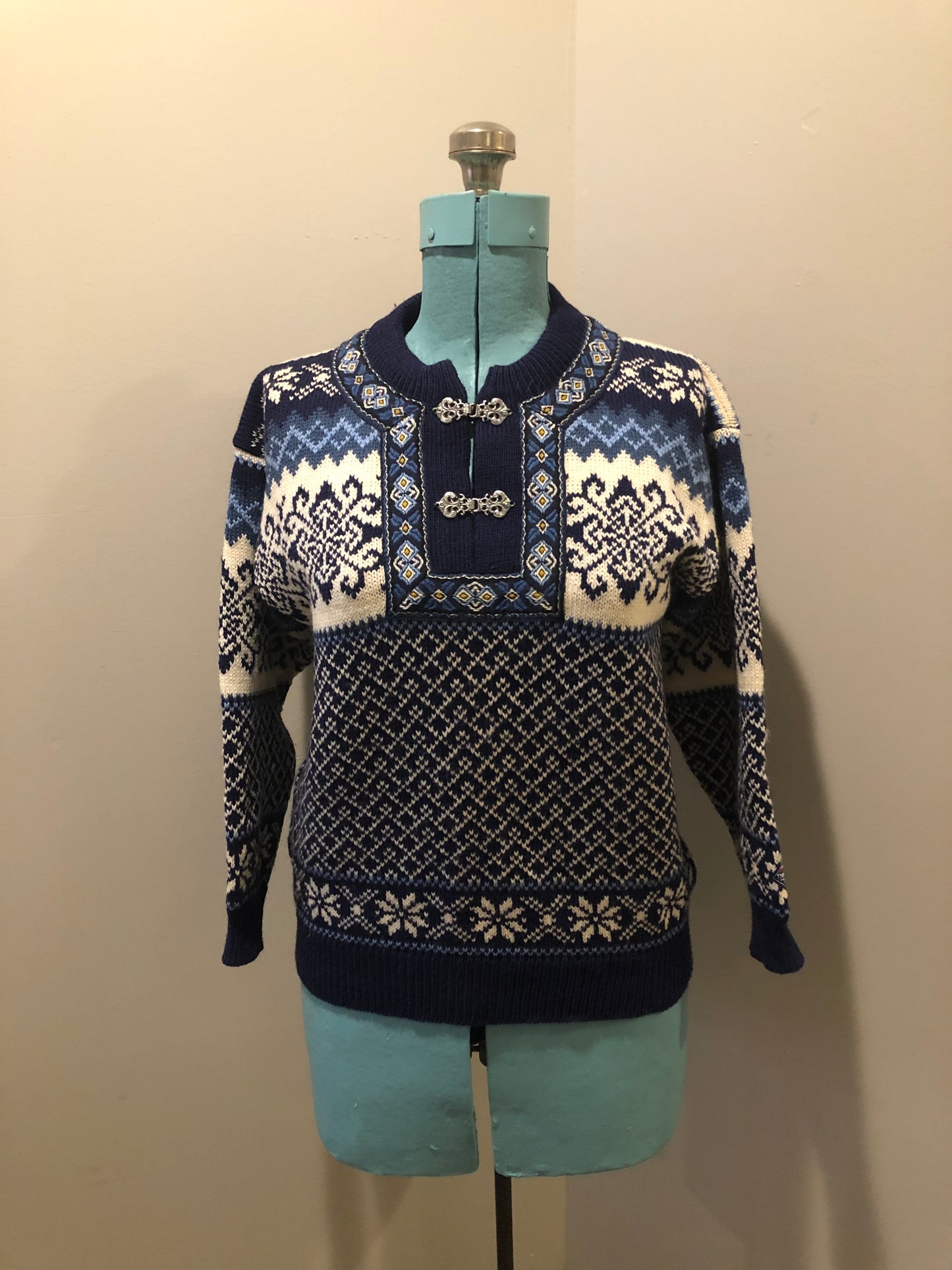 Vintage Nordstrikk 100% wool quarter cut jumper with colourful blue and yellow Norwegian pattern and pewter clasps. Made in Norway - Kingspier Vintage