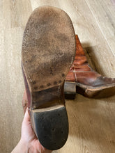 Load image into Gallery viewer, Vintage 70’s mid calf brown leather boots with leather soles.  Size 9.5M/ 11.5W US/ 43 EUR
