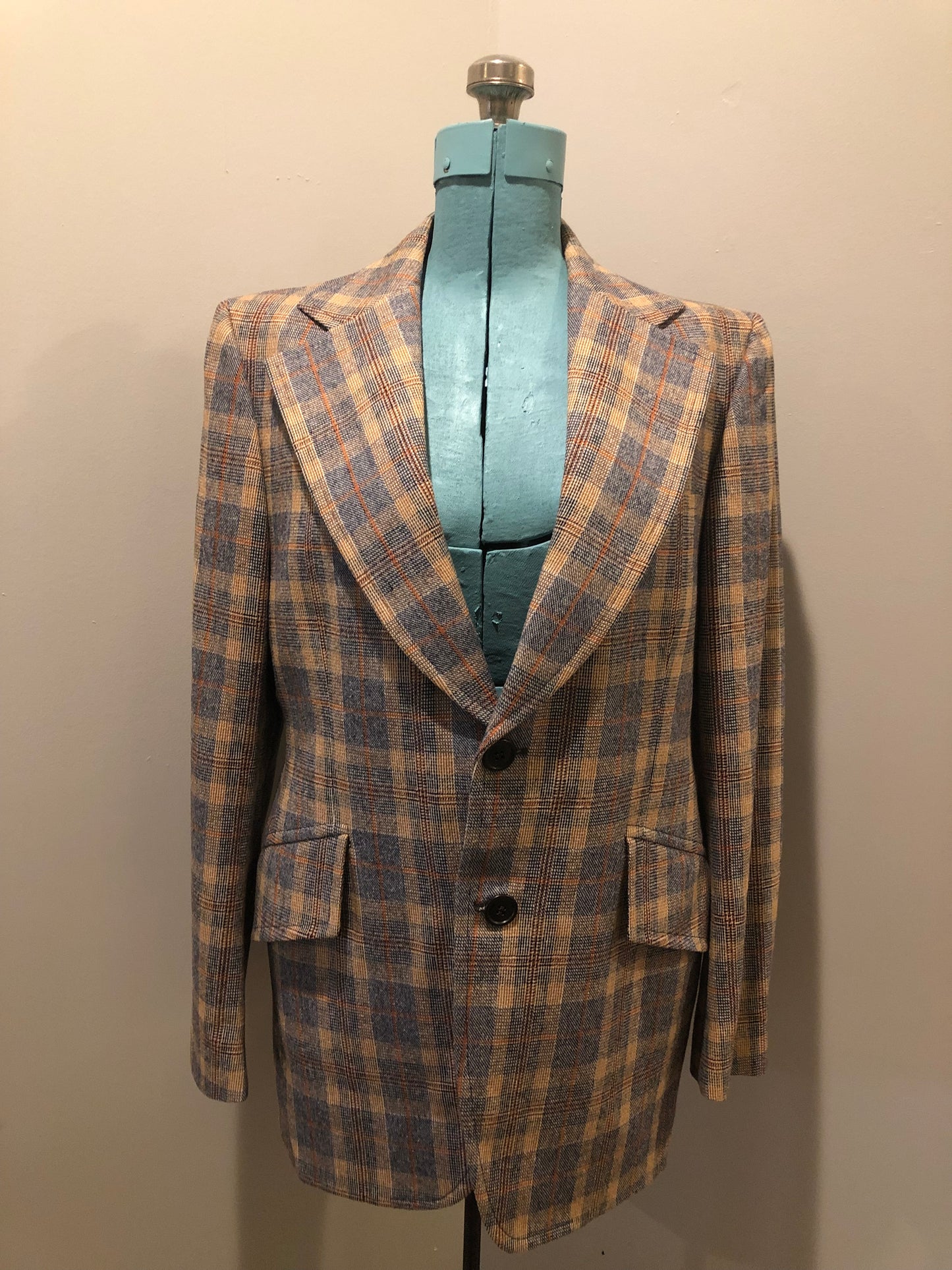 Vintage Henley two piece wool blend suit in orange, navy and white plaid, Circa 1970s. Union made in Canada.