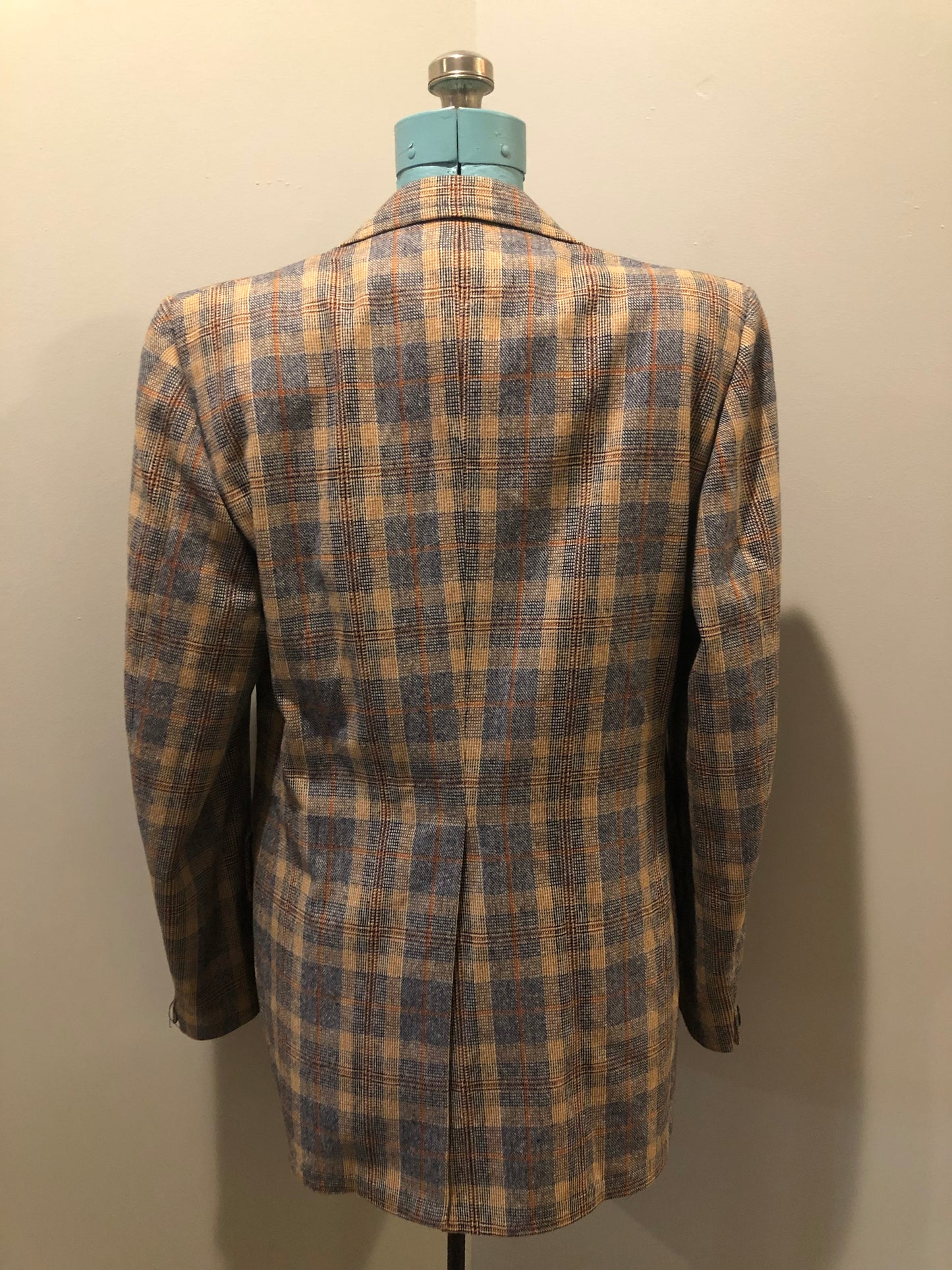 Vintage Henley two piece wool blend suit in orange, navy and white plaid, Circa 1970s. Union made in Canada.