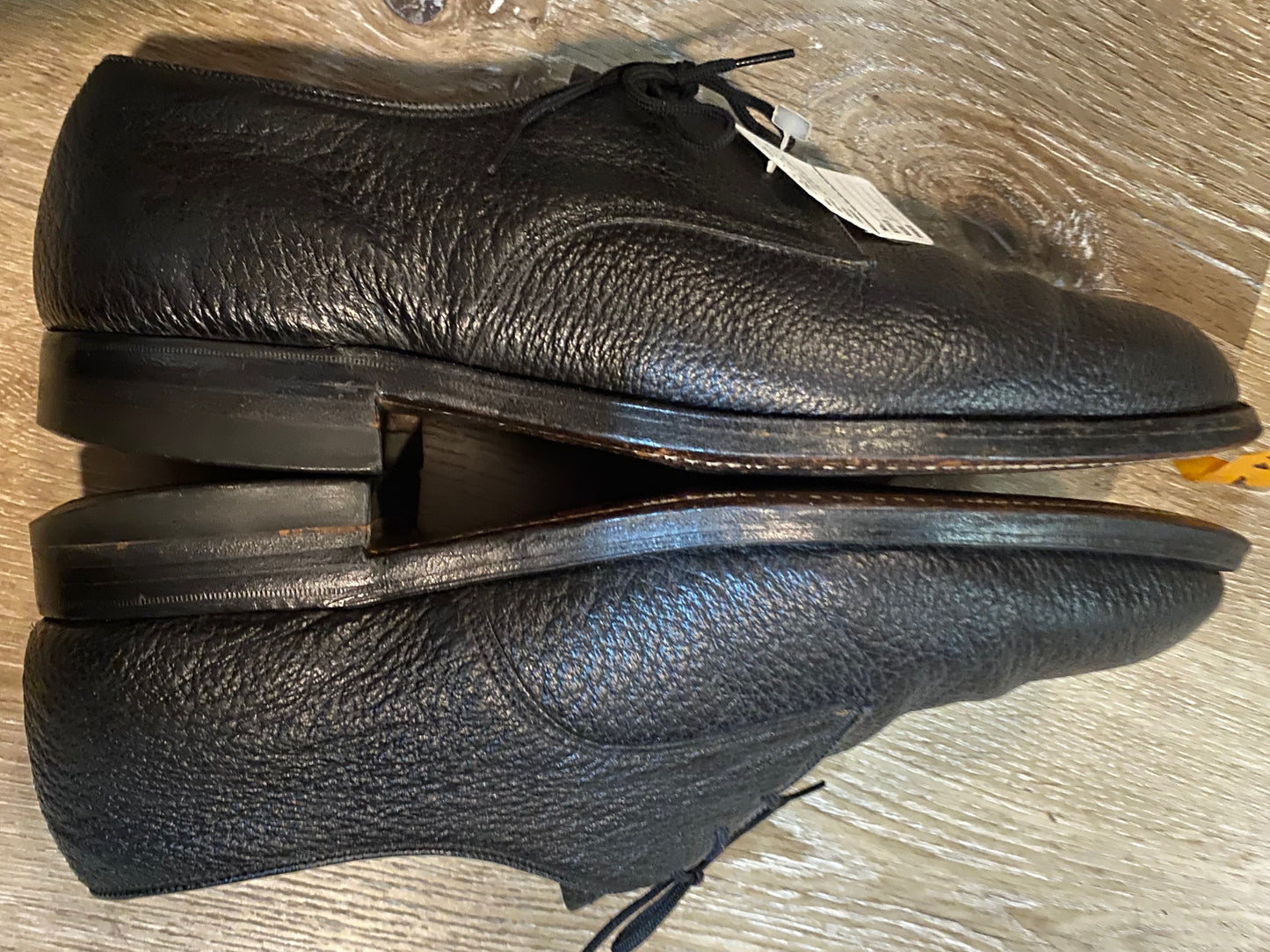 Kingspier Vintage - Black Pebbled Water Bison Leather Plain Toe Derbies by Dack's - Sizes: 8M 10W 41EURO, Made in Canada, Hand Benched Bespoke Quality, Leather Soles and Insoles, Wingfoot Goodyear Rubber Heels