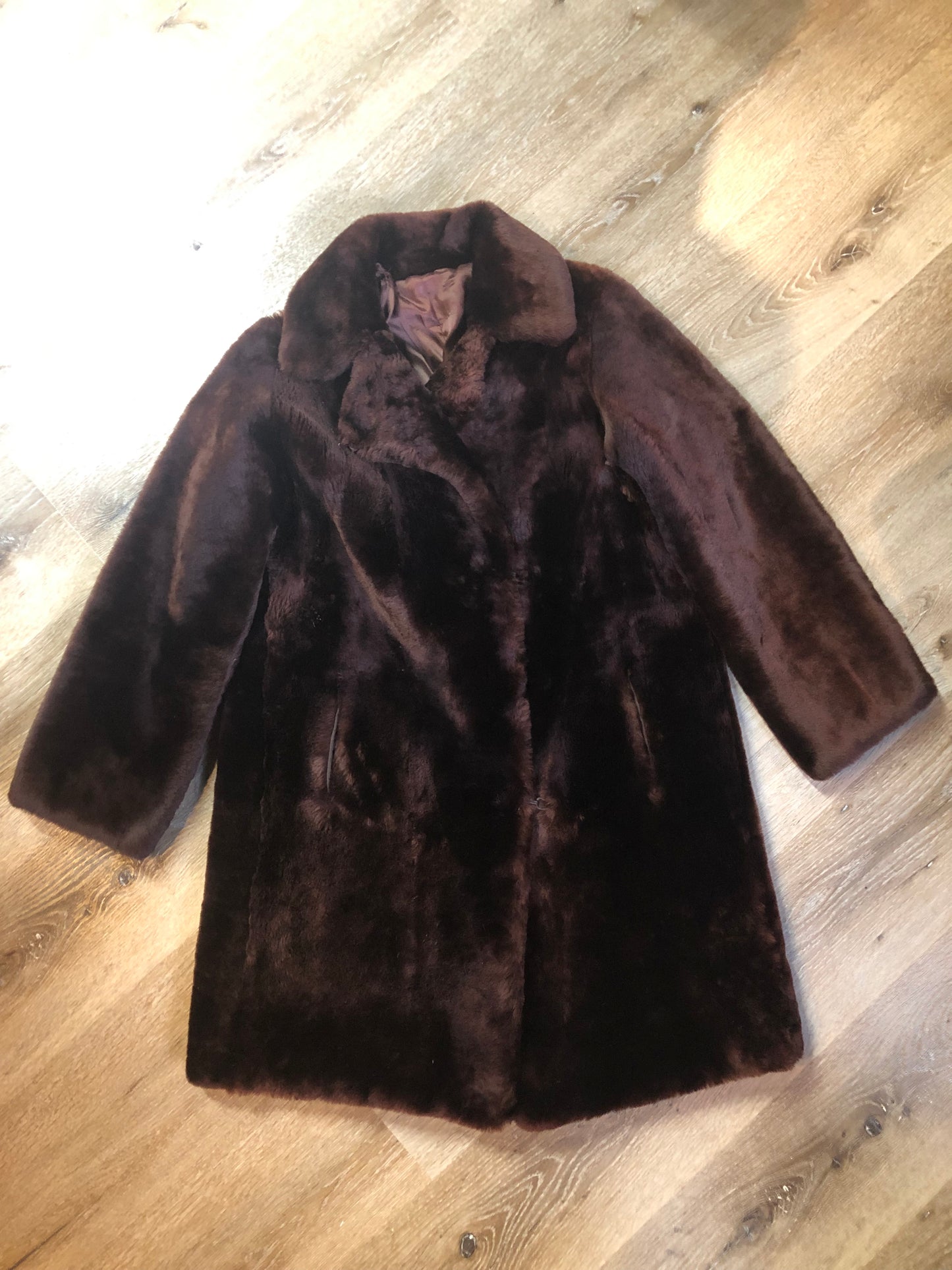 Vintage Martins of London “Glamar” weatherproofed lambs fur in dark brown with satin lining, hook and eye clasps and pockets - Kingspier Vintage