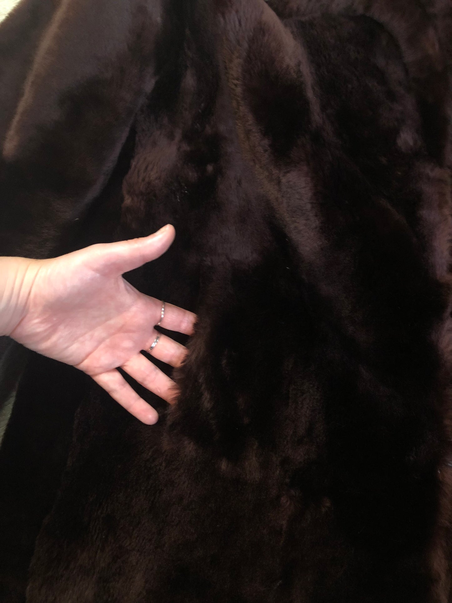 Vintage Martins of London “Glamar” weatherproofed lambs fur in dark brown with satin lining, hook and eye clasps and pockets - Kingspier Vintage