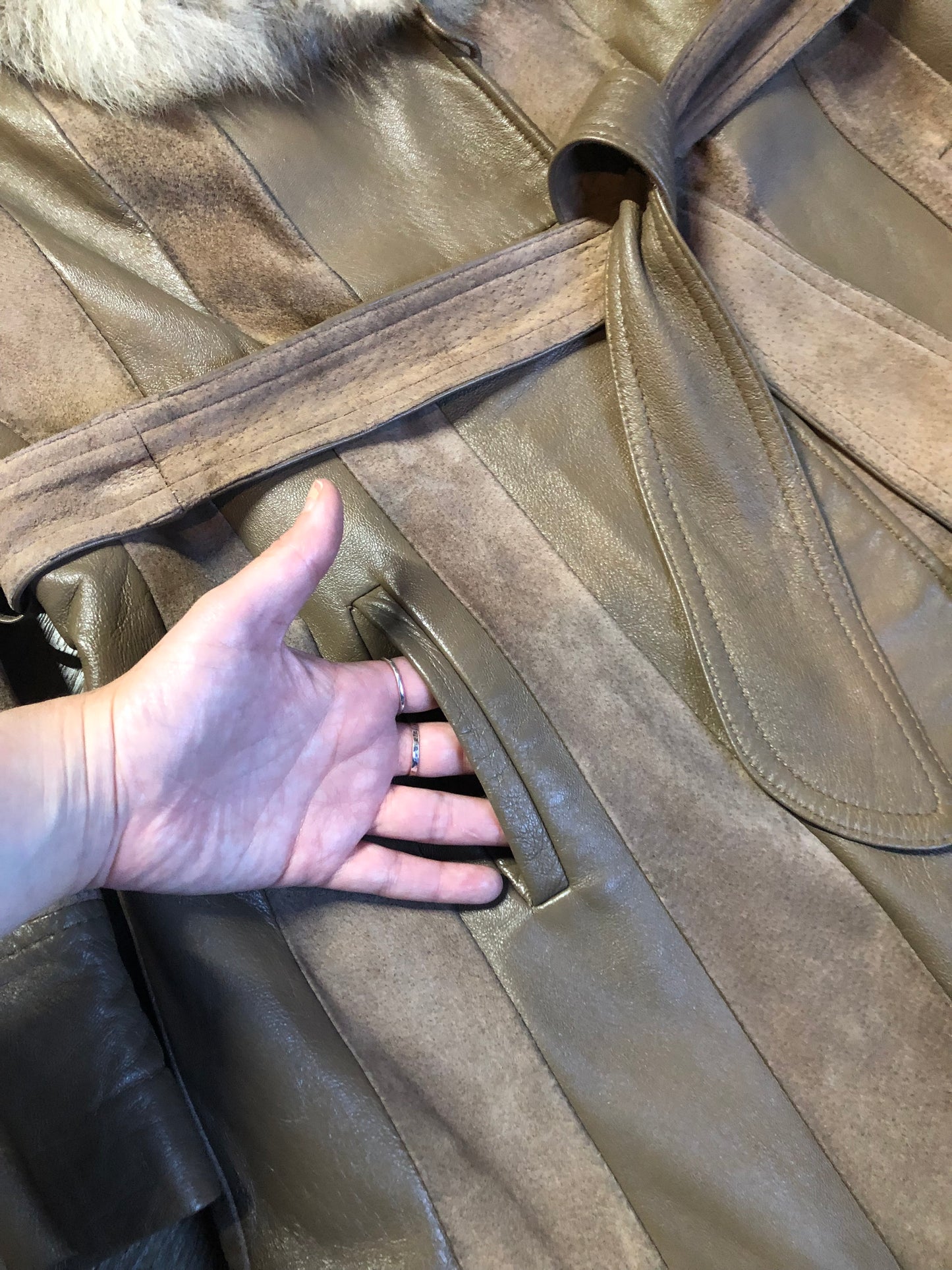 Vintage 70s Tannery Row full length suede and leather panelled jacket with belt, oversized fur trimmed collar, quilted lining, button closures and pockets, Made in Canada - Kingspier Vintage