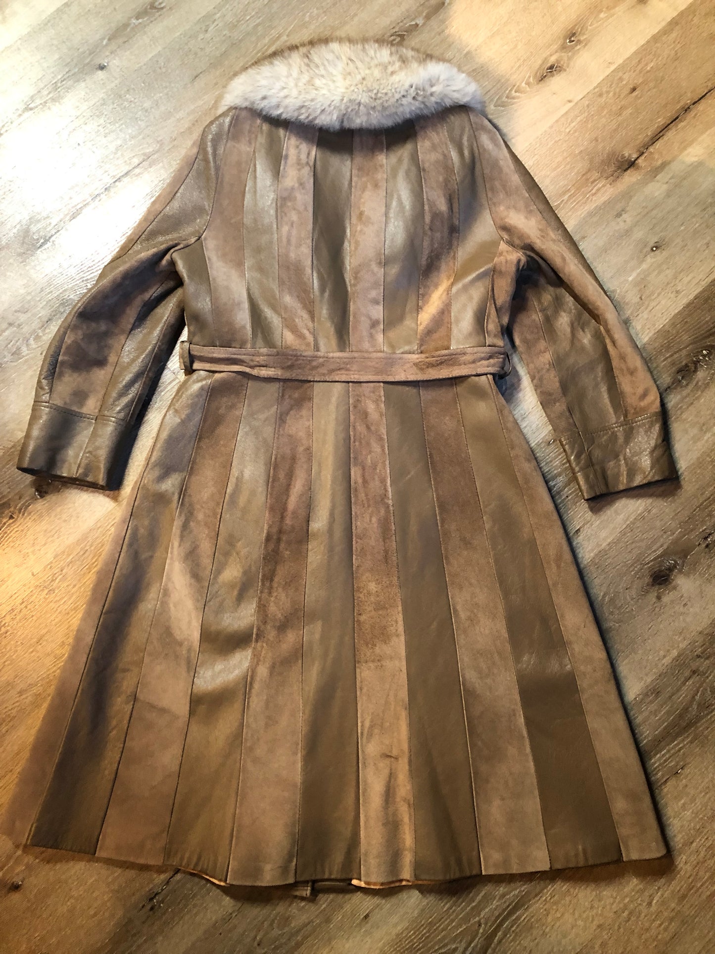 Vintage 70s Tannery Row full length suede and leather panelled jacket with belt, oversized fur trimmed collar, quilted lining, button closures and pockets, Made in Canada - Kingspier Vintage