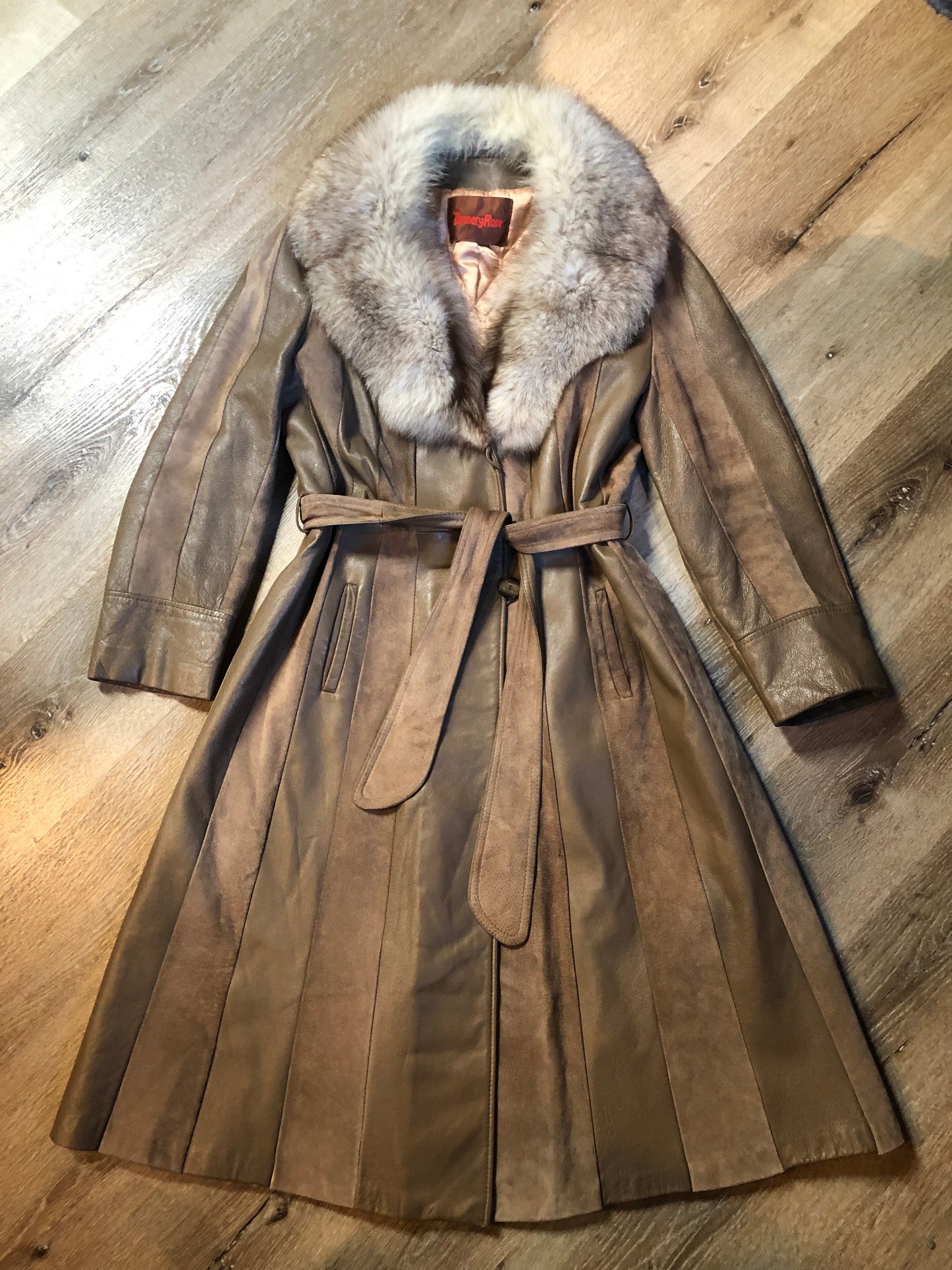 Vintage 70s Tannery Row full length suede and leather panelled jacket with belt, oversized fur trimmed collar, quilted lining, button closures and pockets, Made in Canada - Kingspier Vintage