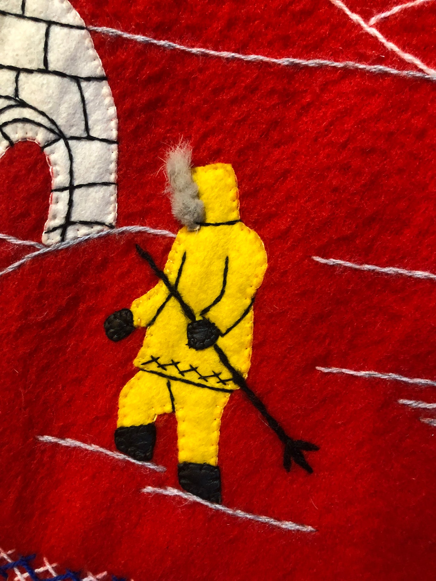 Vintage James Bay 100% virgin wool northern parka in bright red. This parka features a white fur trimmed hood, zipper closure, patch pockets, quilted lining, storm cuffs, embroidery details and northern fishing scene in felt applique. Made in Canada - Kingspier Vintage