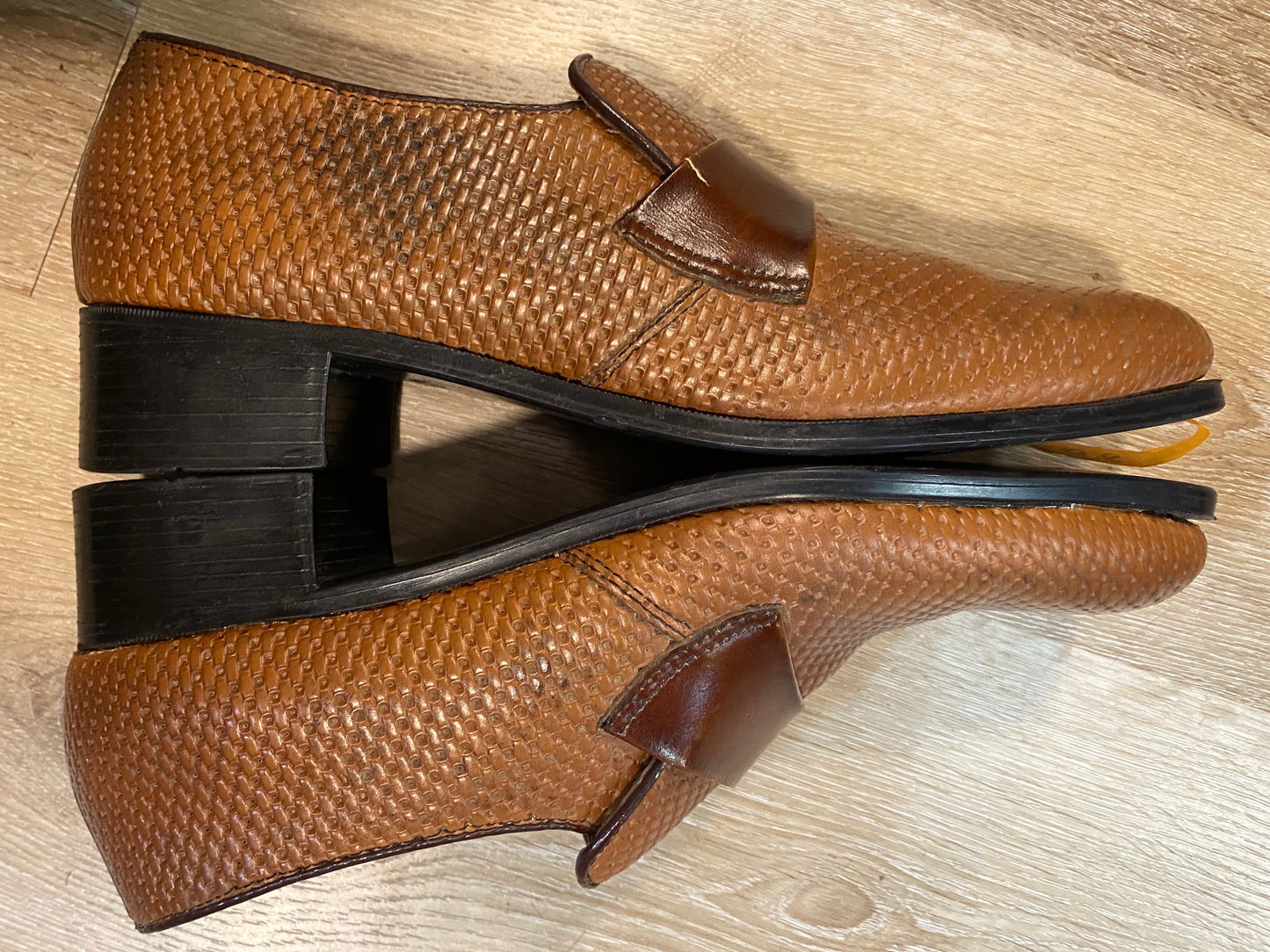 Kingspier Vintage - 1970s/80s Light Brown Embossed Basket Weave Loafers with Darker Brown Saddles by Jarman for Men Sanitized - Sizes: 10M 12W 43EURO, Rubber Soles, Leather Insoles