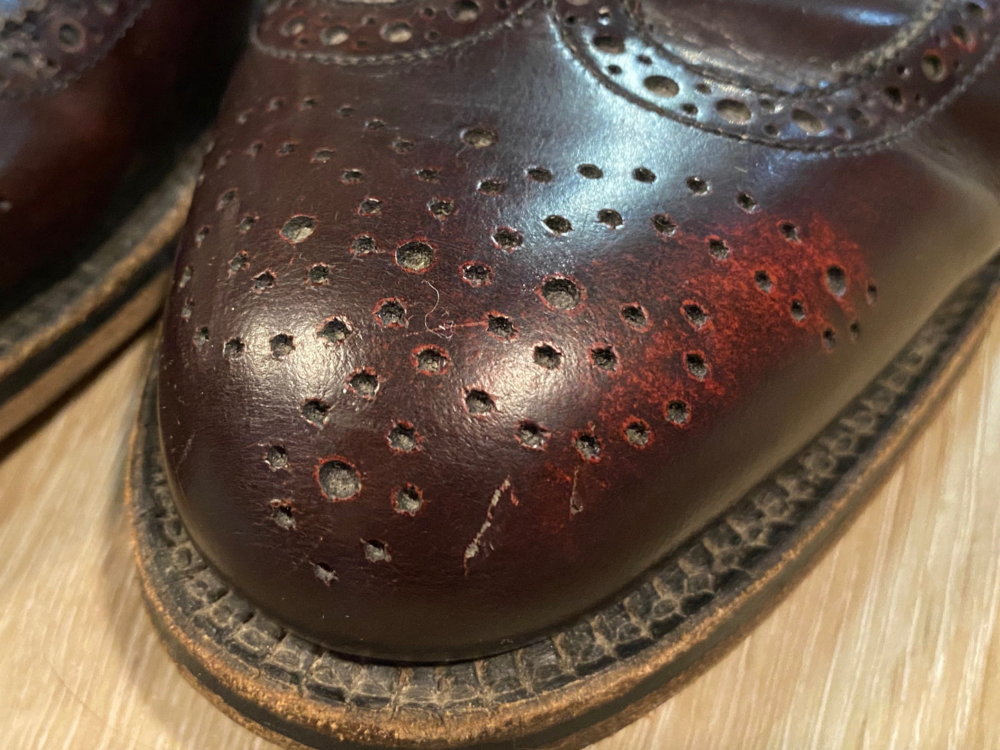 Kingspier Vintage - Dark Burgundy Full Brogue Wingtip Derbies by Dack's Finest Quality Shoes for Men - Sizes: 9M 11W 42EURO, Made in Mexico, Dack's Leather Soles and Rubber Heels, Genuine Goodyear Welt Leather Insoles, Some Fading on Tongue and Toe