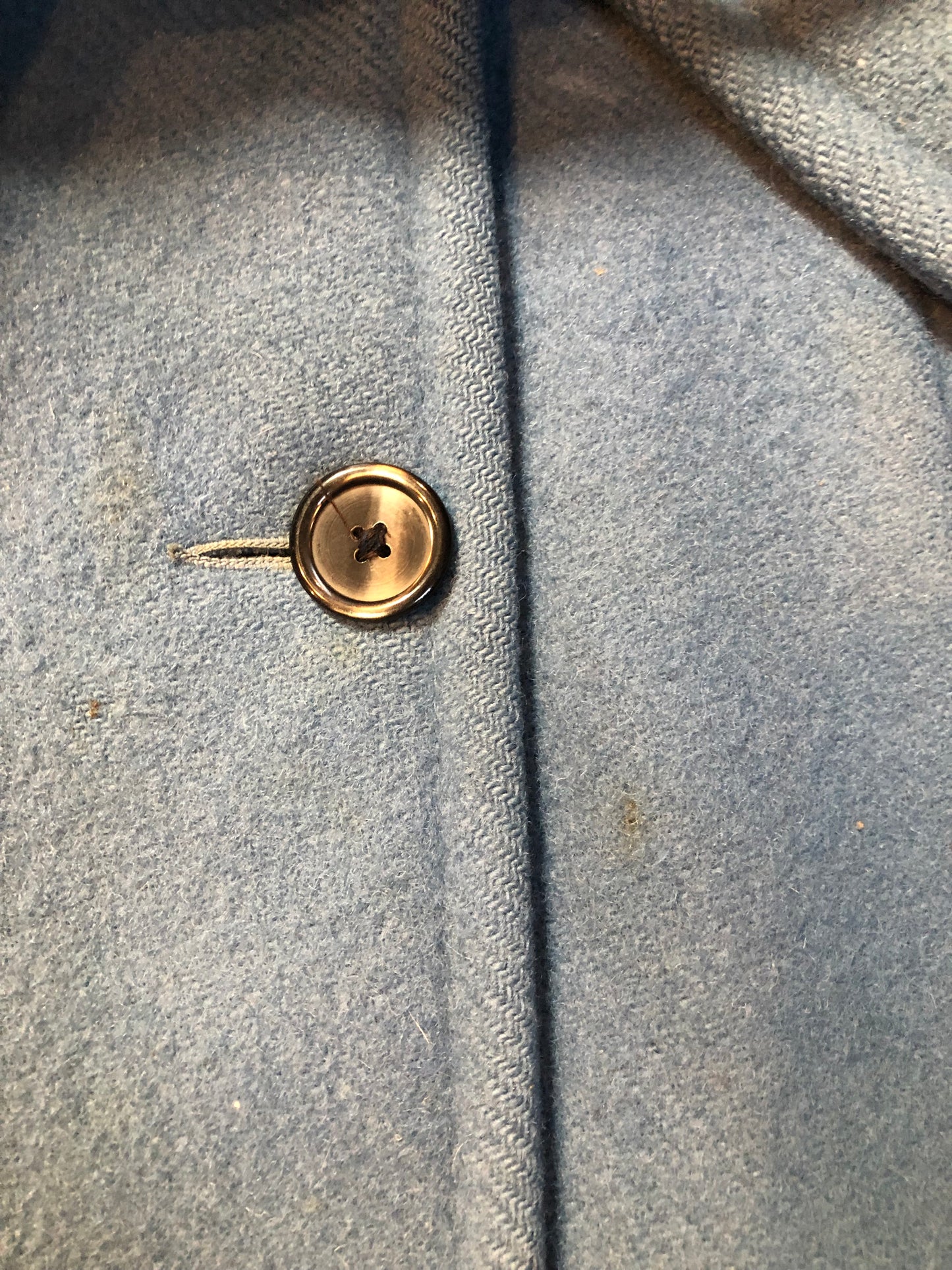 Hudson’s Bay Company Blue 100% virgin wool point blanket coat in a double breasted swing coat style with belt, detachable hood, button closures, slash pockets and satin lining. Made in Canada. Size small - Kingspier Vintage