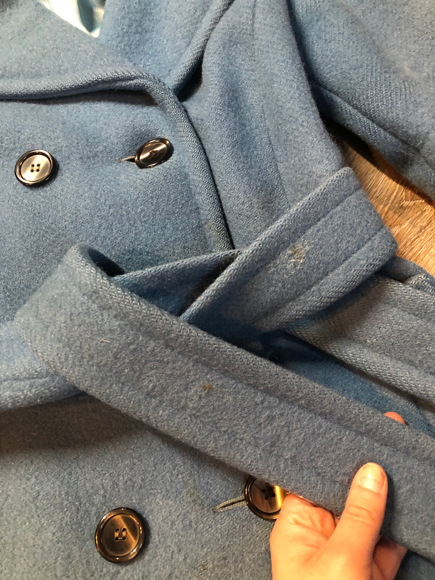 Hudson’s Bay Company Blue 100% virgin wool point blanket coat in a double breasted swing coat style with belt, detachable hood, button closures, slash pockets and satin lining. Made in Canada. Size small - Kingspier Vintage