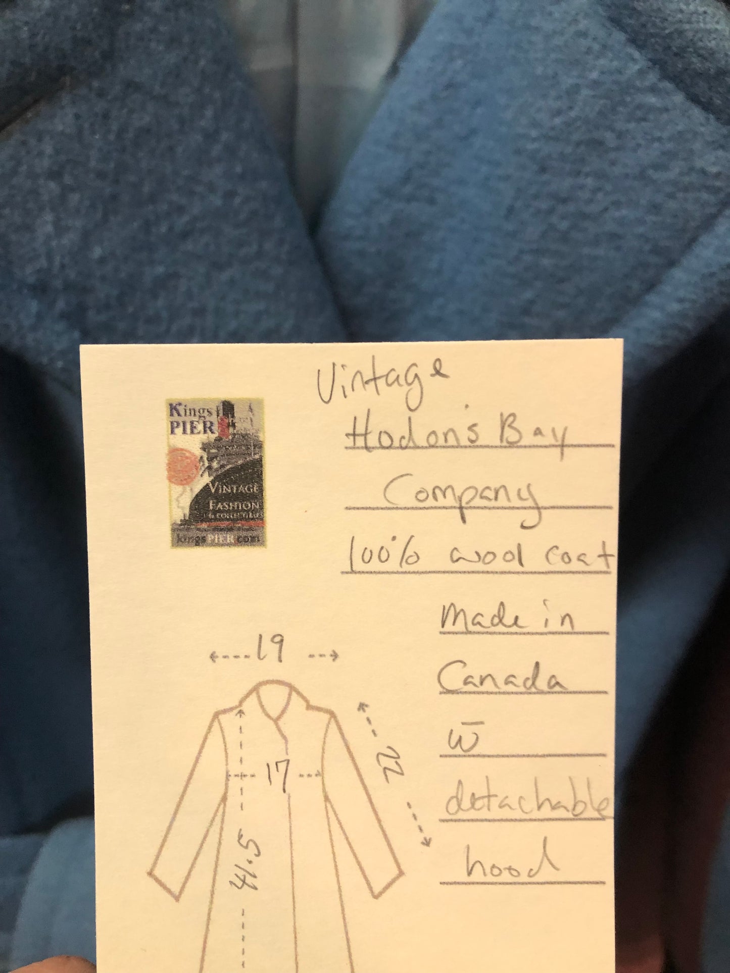 Hudson’s Bay Company Blue 100% virgin wool point blanket coat in a double breasted swing coat style with belt, detachable hood, button closures, slash pockets and satin lining. Made in Canada. Size small - Kingspier Vintage