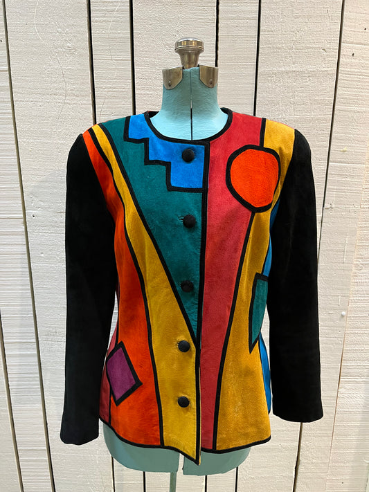 Vintage 1980’s Pia Rucci suede jacket with bright mod colour block design and 
Black suede buttons.
 Size 14