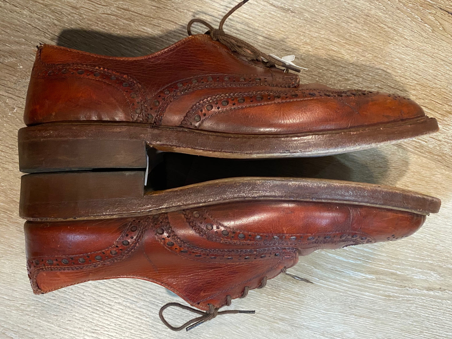 Kingspier Vintage - Brown Leather Full Brogue Wingtip Derbies - Sizes: 9M 11W 42EURO, Johnson Written in Pen on Sole of Left Shoe, Discolouration on Tongues, Cat's Paw Won't Slip Rubber Soles