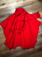 Load image into Gallery viewer, Kingspier Vintage - Camargo bright red alpaca wool cape with attached scarf and button closures.
