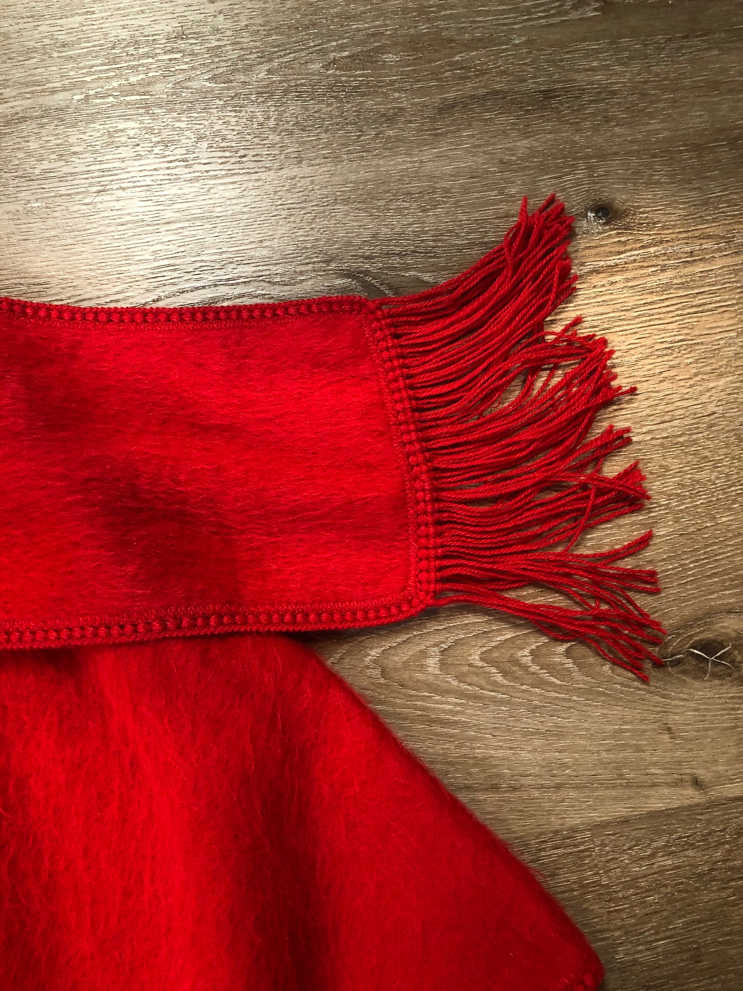 Kingspier Vintage - Camargo bright red alpaca wool cape with attached scarf and button closures.