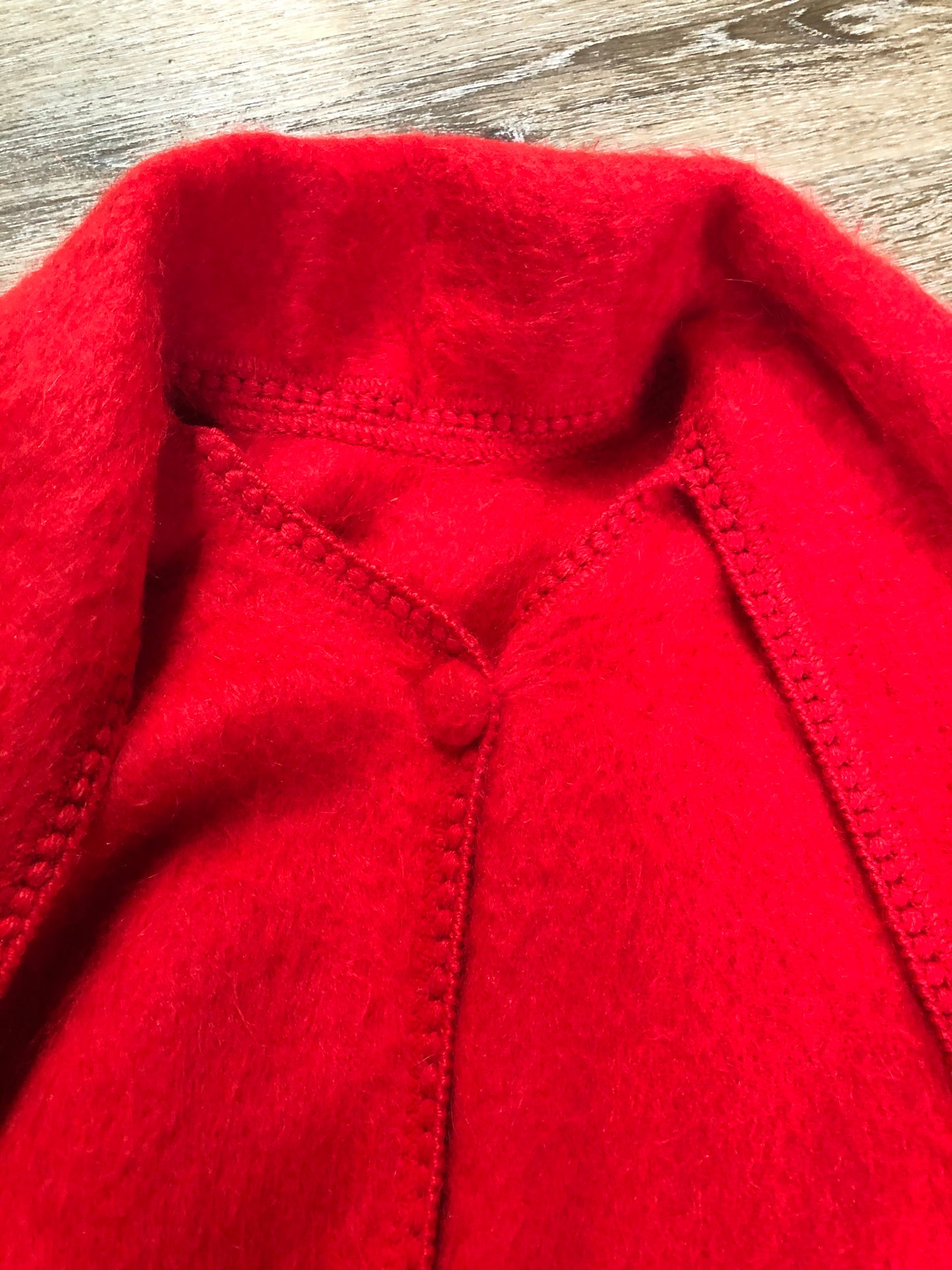 Kingspier Vintage - Camargo bright red alpaca wool cape with attached scarf and button closures.