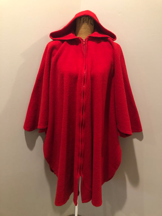 Kingspier Vintage - My Maine Bag bright red wool cape with hood, zipper closure and buttons at the sides to create sleeves. Made in Bangor, Maine, USA. One size fits most.