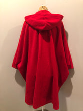 Load image into Gallery viewer, Kingspier Vintage - My Maine Bag bright red wool cape with hood, zipper closure and buttons at the sides to create sleeves. Made in Bangor, Maine, USA. One size fits most.
