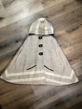 Load image into Gallery viewer, Kingspier Vintage - Tuck Shop Trading Co Dreamy Cape. Made in Canada with high quality wool from the Woolrich Mill, leather trim, round brass buttons and full lining. Size small.
