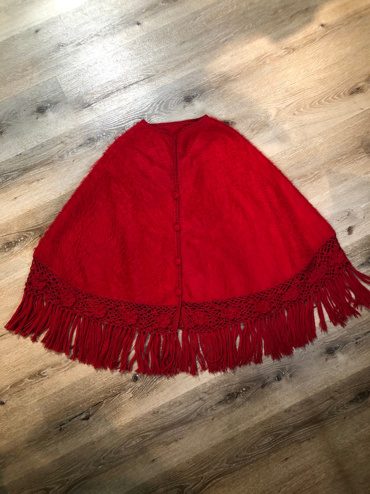 Kingspier Vintage - Red baby alpaca wool poncho with buttons down the front and crochet and tassels at the bottom,