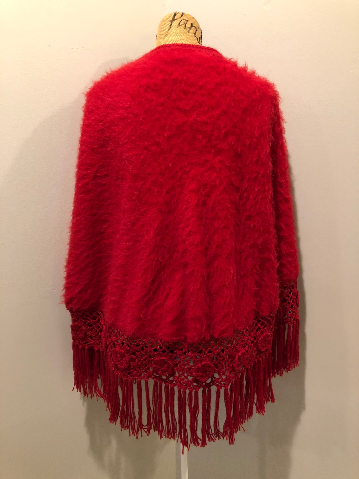 Kingspier Vintage - Red baby alpaca wool poncho with buttons down the front and crochet and tassels at the bottom,